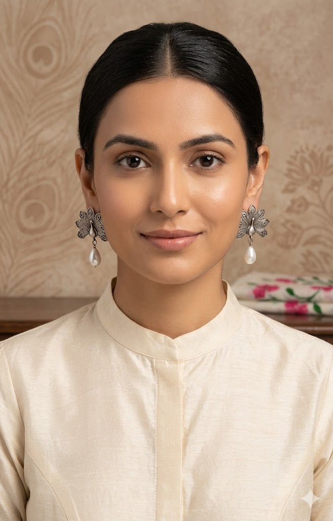 Peacock Majesty Silver Pearl Earrings