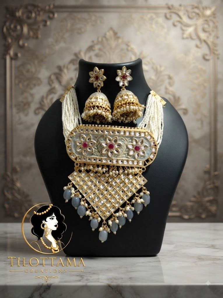 Majestic Grey & Gold Kundan Jhumka Set