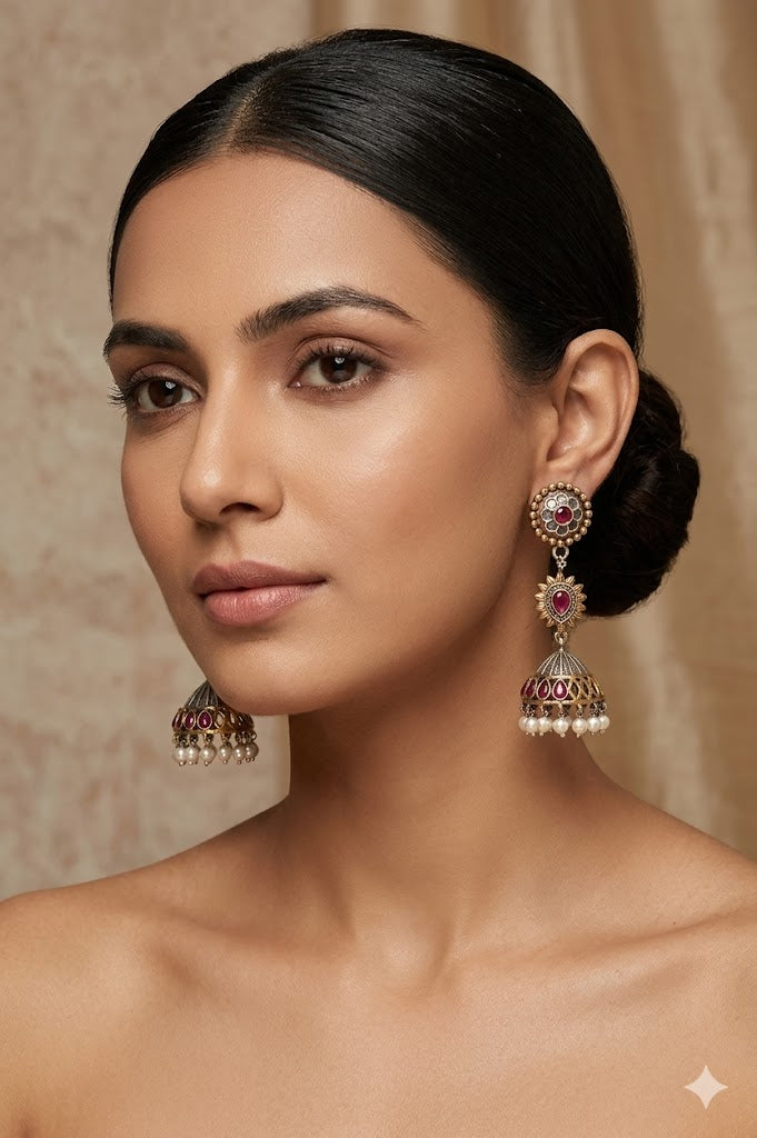 The Rajvi Dual-Tone Ruby Jhumkas