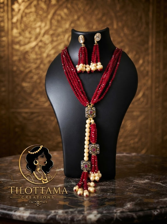 Royal Ruby & Pearl Tassel Mala Set