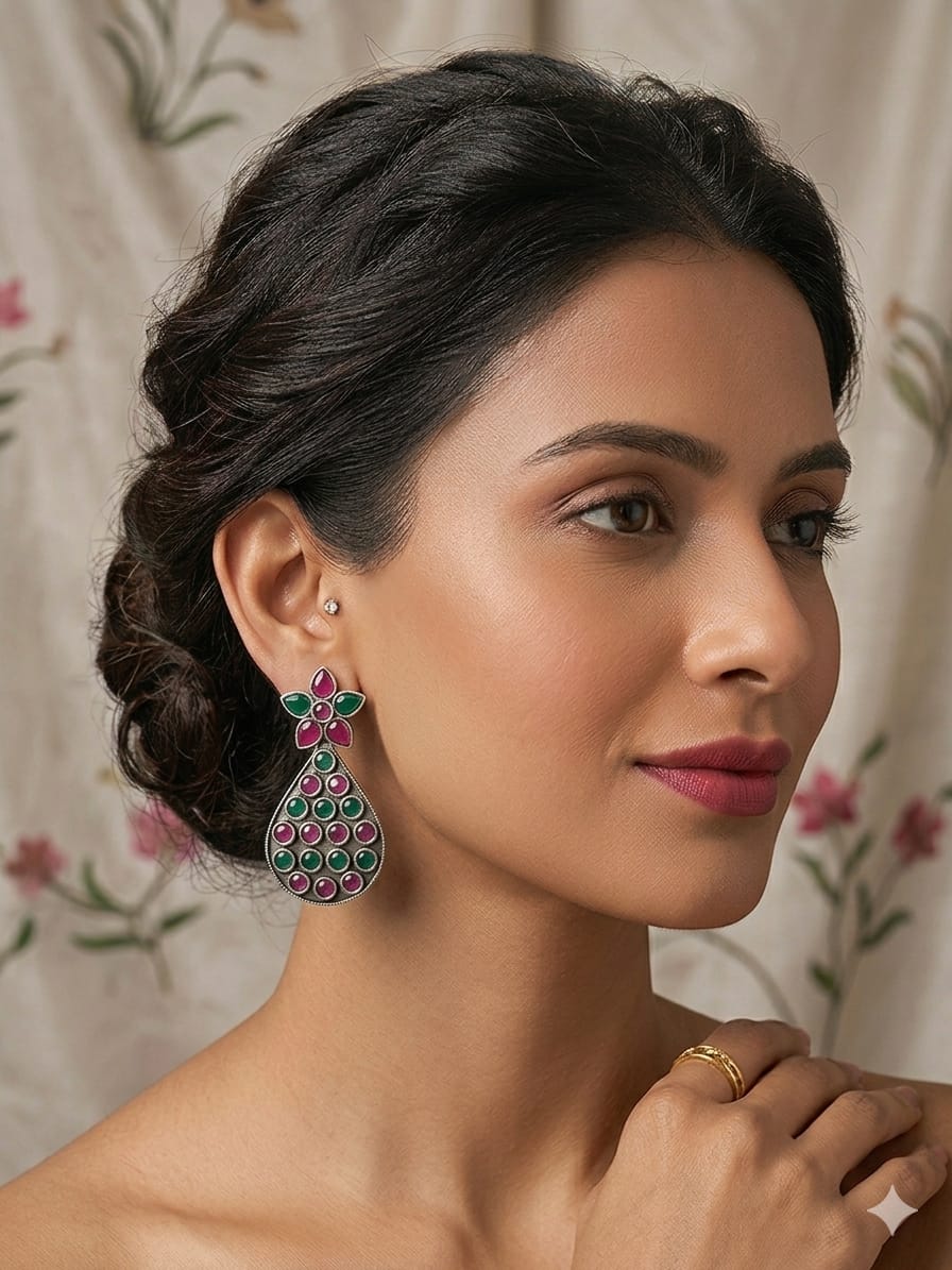 Emerald & Ruby Petal Statement Earrings