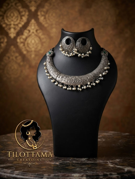 Vintage Oxidized Floral Crescent Set