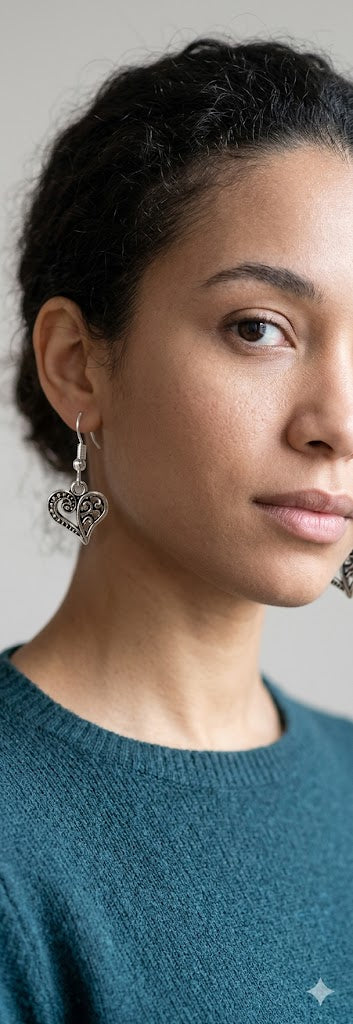 Vintage Silver Filigree Heart Drop Earrings