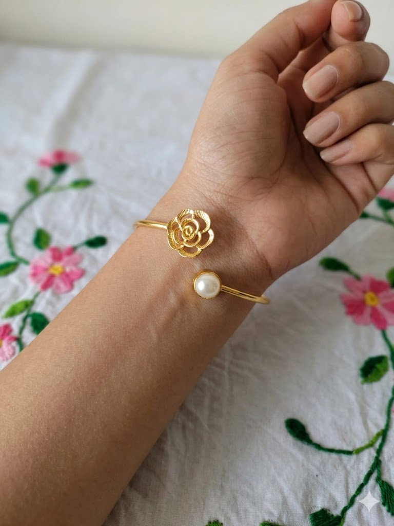 Gilded Rose & Pearl Bypass Bangle
