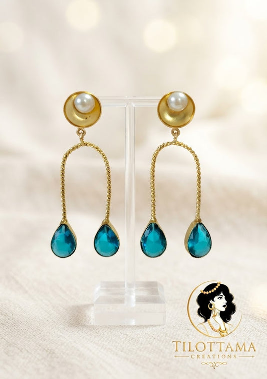 Gold-Twist Arch Earrings with Pearl Studs & Blue Drops
