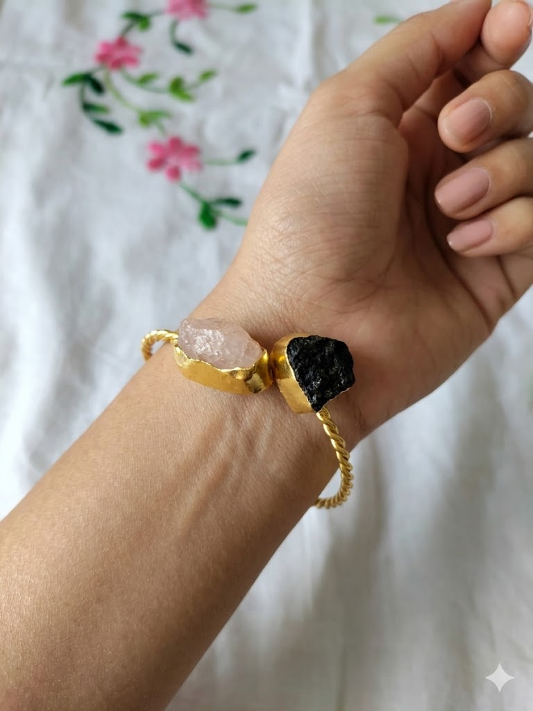 Raw Quartz & Tourmaline Twisted Bangle