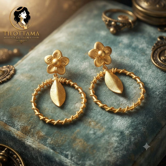 Gold-Plated Floral Studs with Twisted Rope Rings