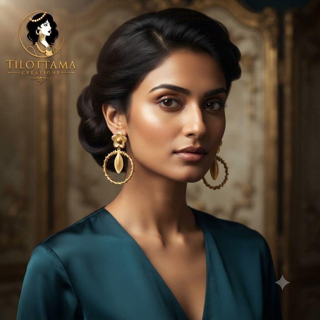 Gold-Plated Floral Studs with Twisted Rope Rings