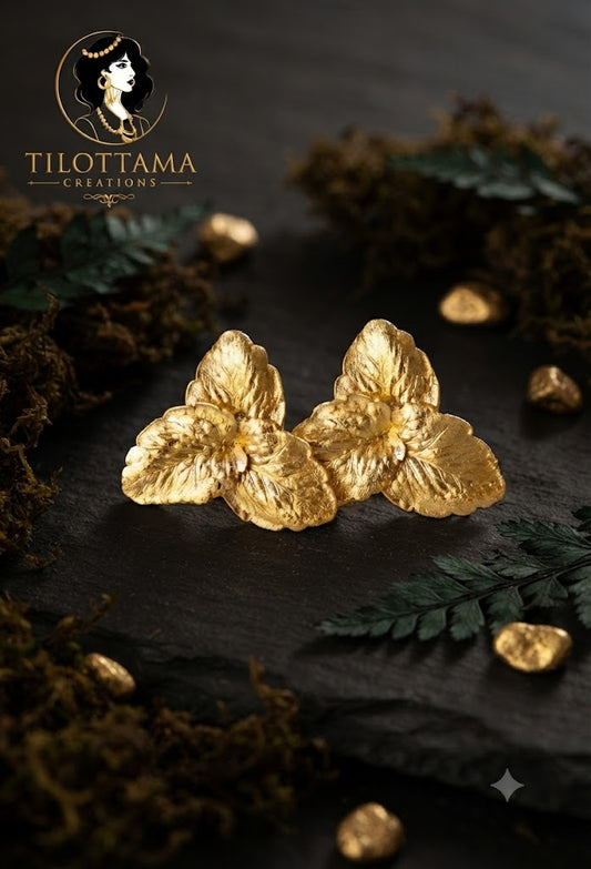Statement Gold-Plated Textured Triple Leaf Studs
