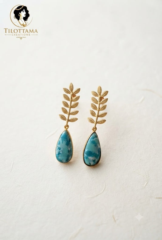 Gold Foliage Earrings with Faux Turquoise Teardrops