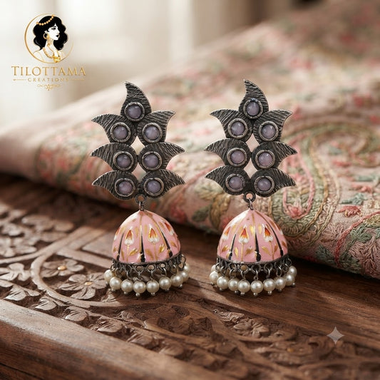 Oxidized Floral Studs with Pink Hand-Painted Jhumka