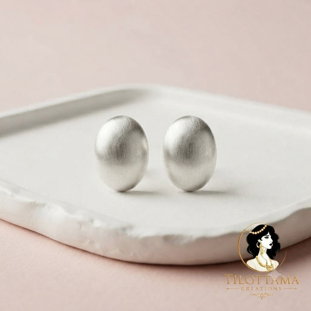 Contemporary Matte-Finish Silver Oval Statement Studs