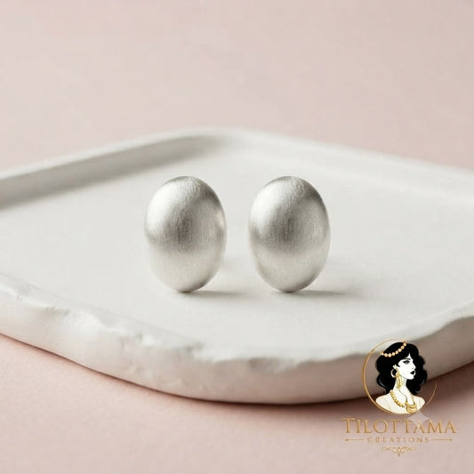 Contemporary Matte-Finish Silver Oval Statement Studs