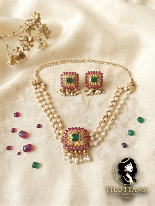 Regal Pearl Choker with Ruby & Emerald Pendant