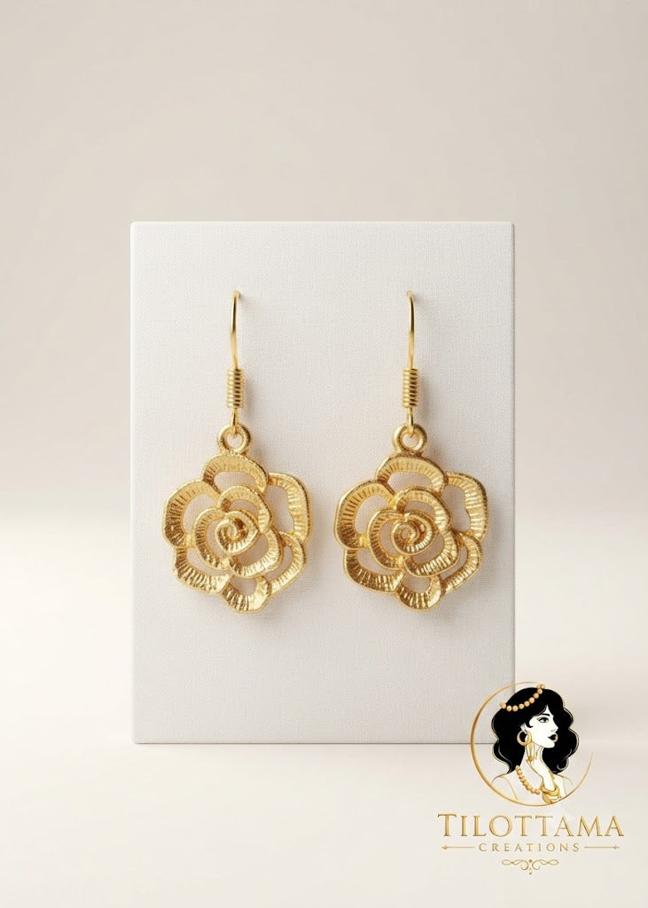 Delicate Gold-Plated Rose Flower Cut-Out Dangle Earrings