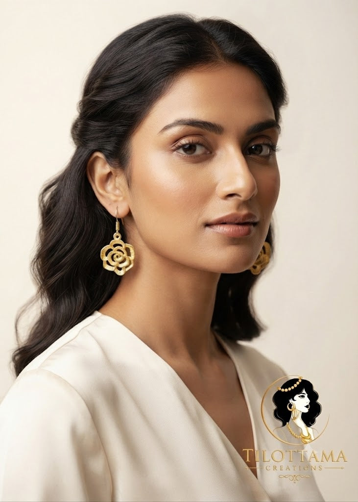 Delicate Gold-Plated Rose Flower Cut-Out Dangle Earrings