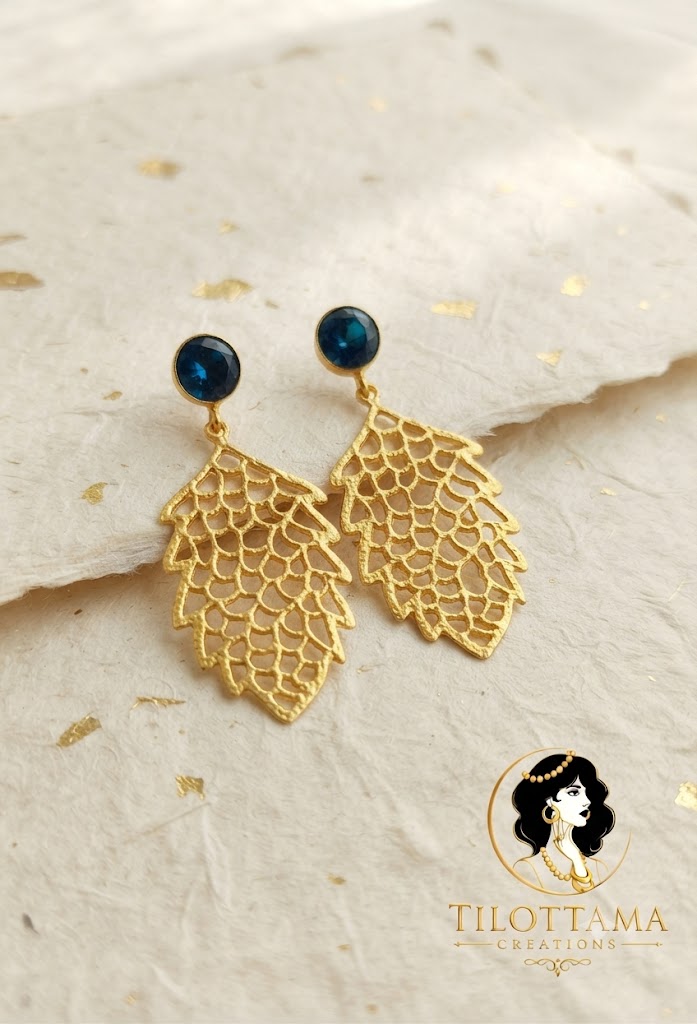 Elegant Gold-Plated Filigree Drop Earrings with Teal Blue Gemstones