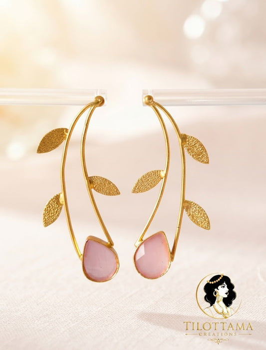 Gold-Toned Floral Branch Earrings with Pink Stone
