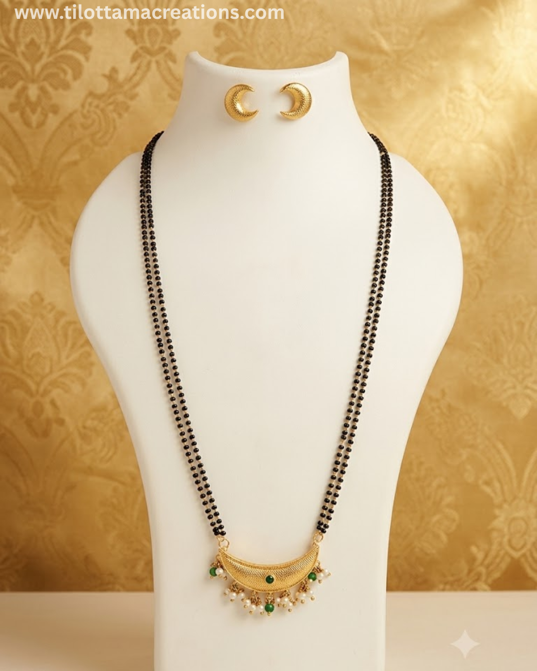 Crescent Moon Pearl & Emerald Mangalsutra Set