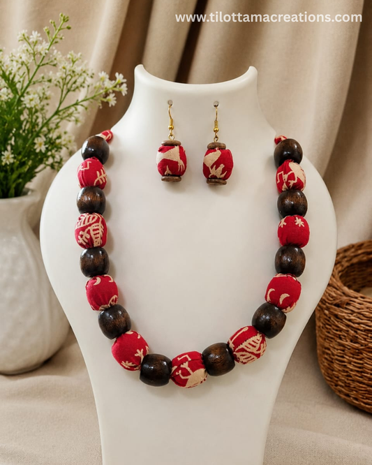 Crimson Ethnic Block-Print Bead Necklace Set