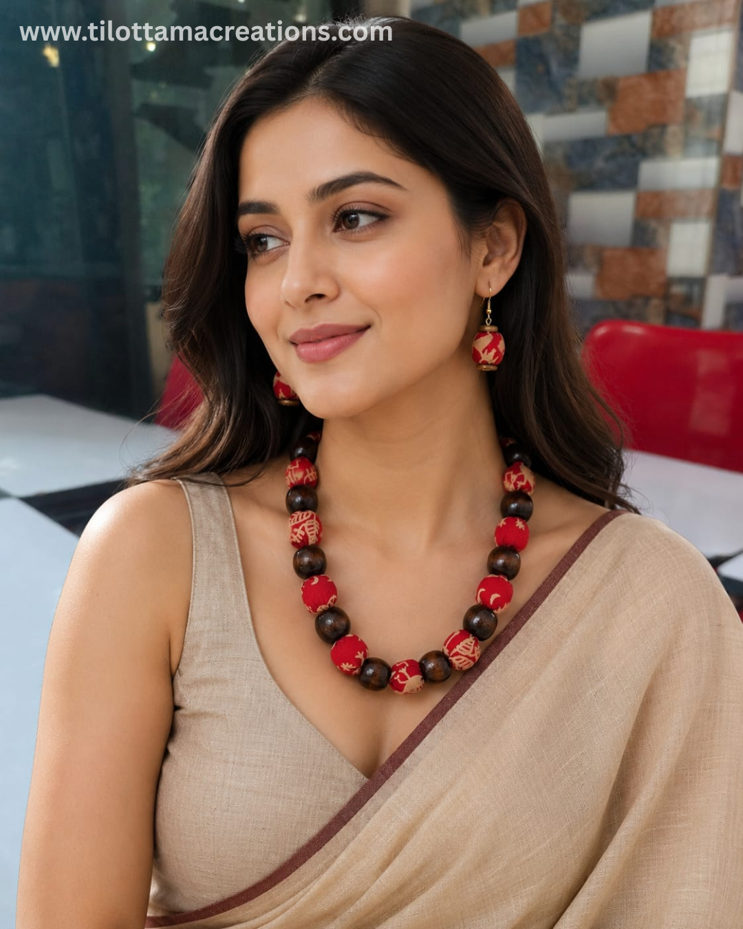 Crimson Ethnic Block-Print Bead Necklace Set