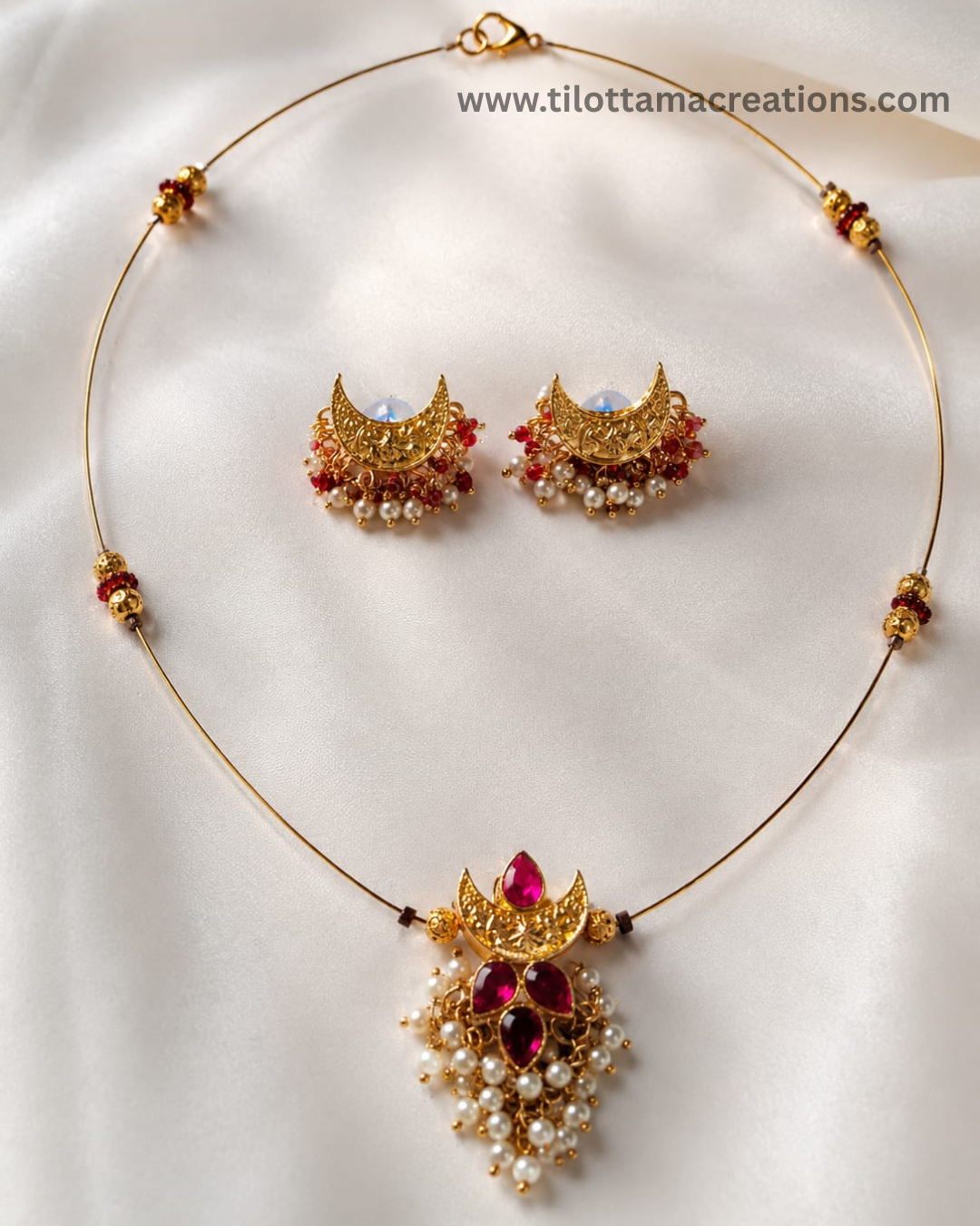 Ruby Crescent Pearl Cluster Set