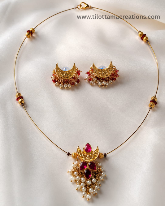 Ruby Crescent Pearl Cluster Set