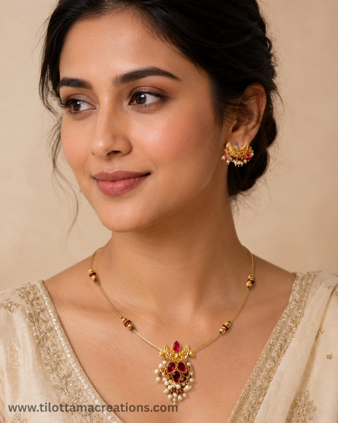 Ruby Crescent Pearl Cluster Set